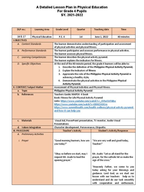 Detailed Lesson Plan in Physical Education Grade 4 .